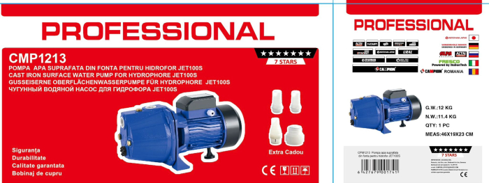 Pompa apa de suprafata JET100S 1800W, bobinaj 100% cupru, 60m inaltime, 12m aspiratie CAMPION PROFESIONAL [4]