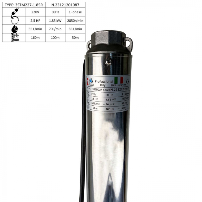 Pompa de apa submersibila ZINITH ITALY 3STM227, 1.85KW, 85 L/MIN [2]