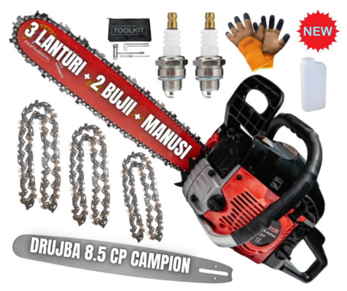 *SUPER Pachet* 8.5cp Drujba benzina + 3 Lanturi + 2 bujii + accesorii + manusi protectie + palnie, CAMPION Profesional [1]