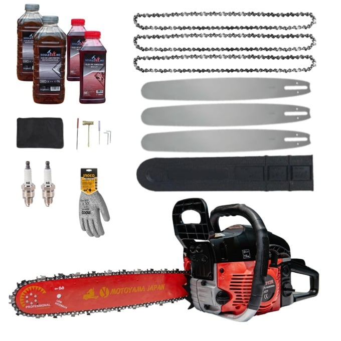 *SUPER Pachet* 8.5cp Drujba benzina + 3 lanturi + 3 lame + x2 ulei ungere lant 1L + x2 ulei amestec 0.5L + x2 bujii + accesorii + manusi protectie, CAMPION [1]