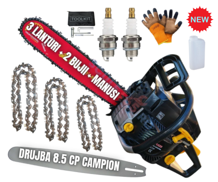 *SUPER Pachet* 8.5cp Drujba benzina + 4 lanturi + x2 bujii + accesorii + manusi protectie + pila, CAMPION Profesional [1]