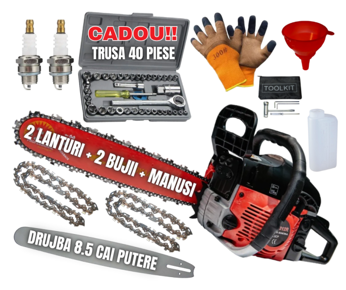 *SUPER Pachet* 8.5cp Drujba benzina + Trusa 40PCS tubulare + 2 lanturi  + x2 bujii + accesorii + manusi protectie + palnie, CAMPION Profesional [1]