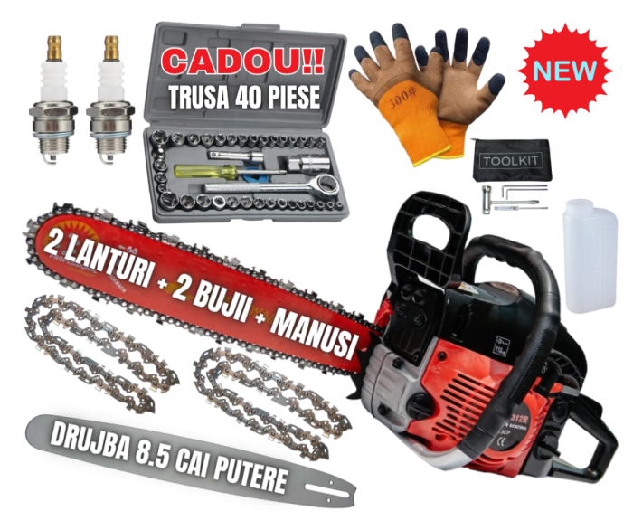 *SUPER Pachet* 8.5cp Drujba benzina + Trusa 40PCS tubulare + 2 lanturi  + x2 bujii + accesorii + manusi protectie + pila , CAMPION Profesional [1]