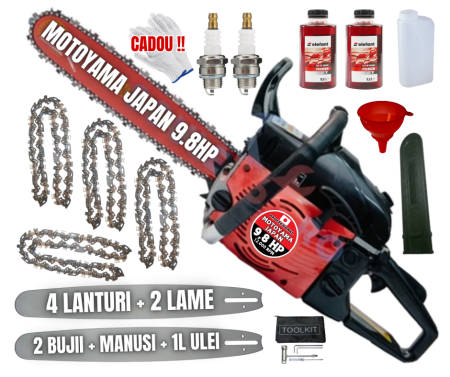 Drujbe - 9.8CP MOTOYAMA JAPAN Drujba benzina + 4 lanturi + 2 lame + x2 ulei amestec 0.5L + x2 bujii + accesorii + manusi protectie + palnie Japan PROFFESIONAL