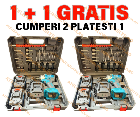 Masini de Gaurit si Insurubat - *1+1 GRATIS* Bormasina Pistol cu impact 48V 10Ah , cu 2 acumulatori si 25 accesorii CAMPION PROFESSIONAL