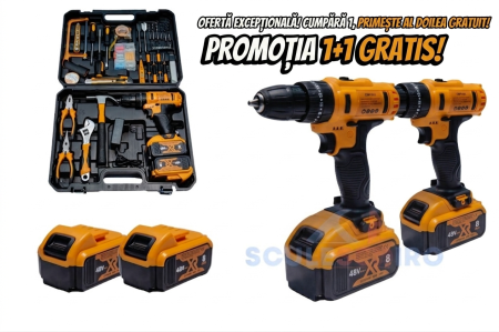 Masini de Gaurit si Insurubat - *1+1 GRATIS*Masina de gaurit si insurubat cu percutie 120 piese, 48v, 2 acumulatori, trusa, incarcator inclus, bormasina autofiletanta 8AH, 1300rpm, Campion