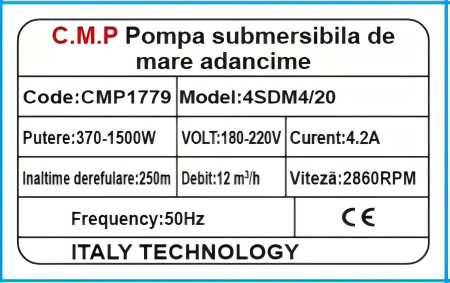 12.000L/H Pompa submersibila de mare adancime AQUA TECH 4SDM3/20, 20turbine, Inaltime refulare 250m, 30m cablu, CMP1779 [1]