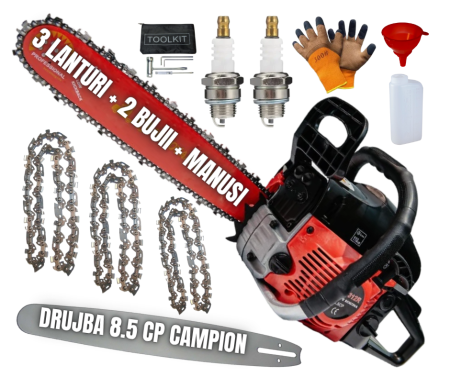 Drujbe Benzina - *SUPER Pachet* 8.5cp Drujba benzina + 3 Lanturi + 2 bujii + accesorii + manusi protectie + palnie, CAMPION Profesional