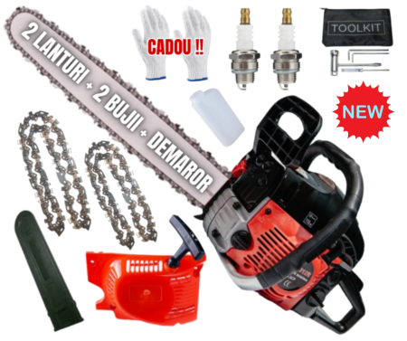 Drujbe Benzina - 2 LANTURI + 1 DEMAROR REZERVA + 2BUJII Drujba pe benzina  58cc, 8.5cp, 10.000rpm, 400mm, CAMPION EasyStart New Generation