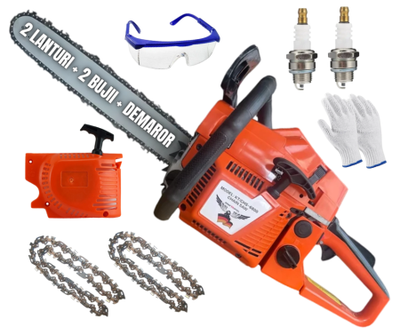 Drujbe Benzina - 2 LANTURI + 1 DEMAROR REZERVA + 2BUJII  Drujba pe benzina Kraft Royal, 6CP , lama 40 cm Motofierastrau Profesional