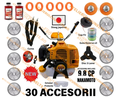 Motocoase pe Benzina - *30 ACCESORII* 9.8CP NAKAMOTO Motocoasa pe benzina , Japan Engine Power, 12.000 RPM + 30 ACCESORII