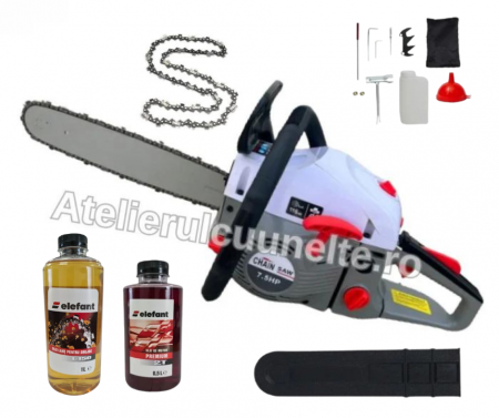 Drujbe - 7.5 CP 2 LANTURI + ULEI LANT + ULEI AMESTEC Drujba pe Benzina Motofierastrau Campion , 52 CMC, LAMA 40CM