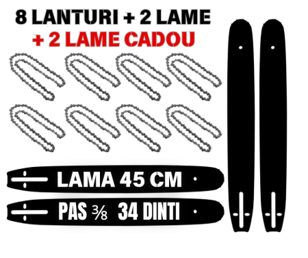 Accesorii si Consumabile - *2 LAME CADOU*Set 8 Lanturi si 4 Lame universale pentru motofierastrau ( drujba ), 45 cm, 34 dinti, pas 3/8