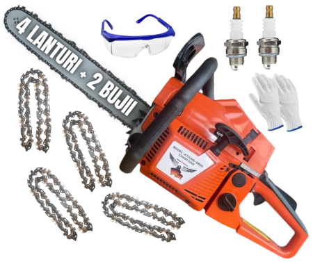 Drujbe Benzina - 4 LANTURI + 2 BUJII + OCHELARI + MAUNSI Drujba pe benzina Kraft Royal, 6CP , lama 40 cm Motofierastrau Profesional