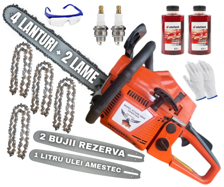 Drujbe Benzina - 4 LANTURI + 2LAME + 2BUJII + 1L ULEI Drujba pe benzina Kraft Royal, 6CP , lama 40 cm Motofierastrau Profesional