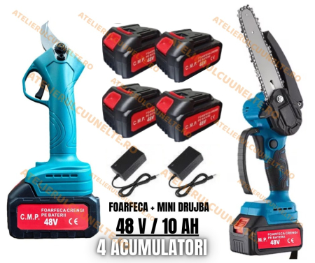 Mini Drujbe Acumulator - 48V 10Ah Set Foarfeca si Mini Drujba cu 4 acumulatori  , Fierastrau  electric 170mm + Foarfeca gradina cu acumulator 27mm diametru Campion PROFESSIONAL