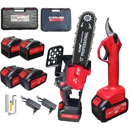 48V 10Ah Set Foarfeca si Mini Drujba cu 4 acumulatori  , Fierastrau  electric 300mm + Foarfeca gradina cu acumulator 27mm diametru Campion PROFESSIONAL [0]
