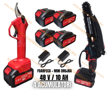 Mini Drujbe Acumulator - 48V 10Ah Set Foarfeca si Mini Drujba cu 4 acumulatori  , Fierastrau  electric 170mm + Foarfeca gradina cu acumulator 27mm diametru Campion PROFESSIONAL