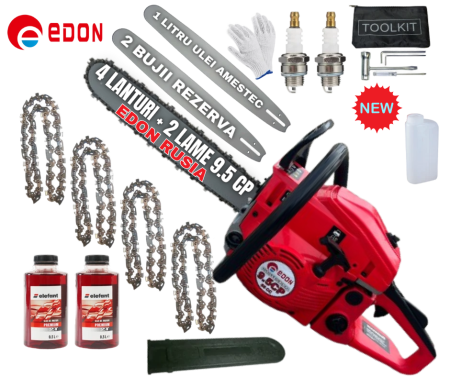 Drujbe - *MEGA PACHET* 9.5CP EDON Rusia Drujba benzina + 4 lanturi + 2 lame + x2 ulei amestec 0.5L + x2 bujii + accesorii + manusi protectie + palnie Japan PROFFESIONAL