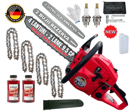 Drujbe - *MEGA PACHET* 9.5CP CRAFT-TEC GERMANY Drujba benzina + 4 lanturi + 2 lame + x2 ulei amestec 0.5L + x2 bujii + accesorii + manusi protectie + palnie Japan PROFFESIONAL