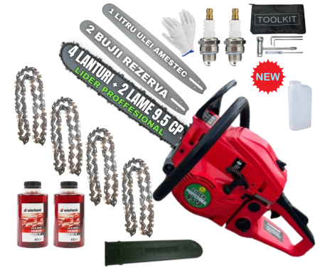 Drujbe Benzina - *MEGA PACHET* 9.5CP LIDER Proffesional Drujba benzina + 4 lanturi + 2 lame + x2 ulei amestec 0.5L + x2 bujii + accesorii + manusi protectie + palnie Japan PROFFESIONAL