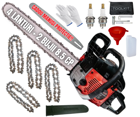 Drujbe - *SUPER Pachet* 8.5cp Drujba benzina + 4 lanturi  + x2 bujii + accesorii + manusi protectie + palnie, CAMPION Profesional