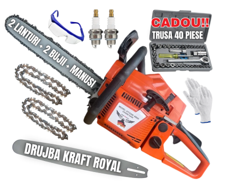 Drujbe - *SUPER Pachet* Drujba benzina + Trusa 40PCS tubulare + 2 lanturi + 2 bujii + accesorii + manusi protectie + ochelari,KraftRoyal Profesional