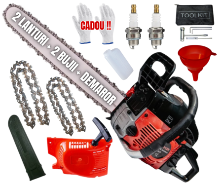Drujbe Benzina - 2 LANTURI + 1 DEMAROR REZERVA + 2BUJII Drujba pe benzina  58cc, 8.5cp, 10.000rpm, 400mm, CAMPION EasyStart New Generation