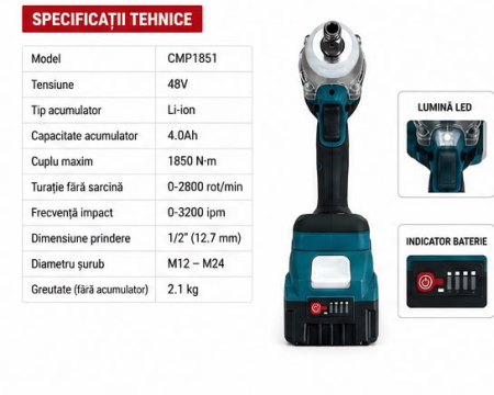 Bormasina Pistol cu impact 48V 10Ah , cu 2 acumulatori si accesorii CAMPION PROFESSIONAL [1]