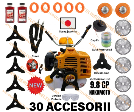 Motocoase si Masini Tuns Iarba - *30 ACCESORII* 9.8CP NAKAMOTO Motocoasa pe benzina , Japan Engine Power, 12.000 RPM + 30 ACCESORII