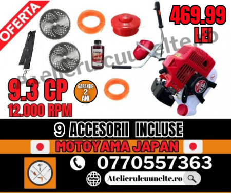 Motocoase si Masini Tuns Iarba - 9.8 CP Motocoasa pe benzina MOTOYAMA, Japan Engine Power, 12.000 RPM 9 ACCESORII