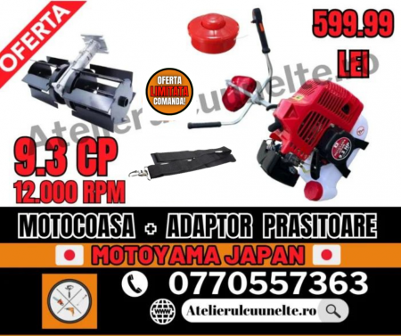 Motocoase si Masini Tuns Iarba - 9.8 CP Motocoasa pe benzina MOTOYAMA, Japan Engine Power, 12.000 RPM + ADAPTOR PRASITOARE
