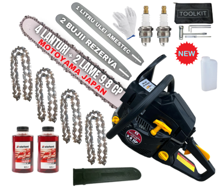 Drujbe Benzina - 9.8CP MOTOYAMA JAPAN Drujba benzina + 4 lanturi + 2 lame + x2 ulei amestec 0.5L + x2 bujii + accesorii + manusi protectie + palnie Japan PROFFESIONAL