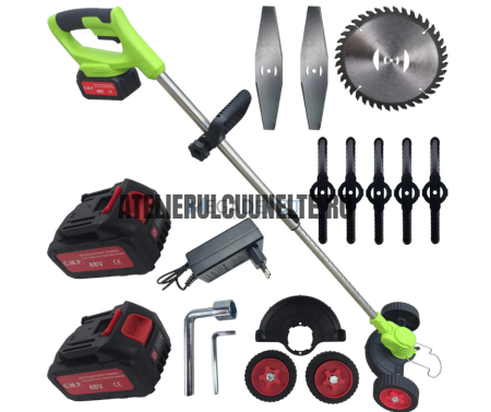 Motocoase electrice / acumulator - *OFERTA* Trimmer electric pe acumulator Nowa cu roti, 48V, 2 acumulatori 6000mAh, brat telescopic 90-125 cm, diametru taiere 300 mm, 12 componente+ roti de sprijin