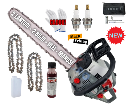 Drujbe Benzina - *BLACK-FRIDAY - DRUJBE* 8.5cp Drujba benzina + 2 lanturi + 1 ulei amestec 125Ml + x2 bujii + palnie + accesorii + manusi protectie, CAMPION