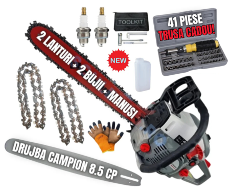 Drujbe - *CADOU INCLUS* 8.5cp Drujba benzina + Trusa 40PCS tubulare + 2 lanturi + x2 bujii + accesorii + manusi protectie + pila lant , CAMPION Profesional
