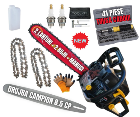 Drujbe - *CADOU INCLUS* 8.5cp Drujba benzina + Trusa 40PCS tubulare + 2 lanturi + x2 bujii + accesorii + manusi protectie + pila lant, CAMPION Profesional