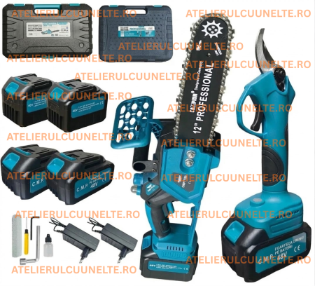Mini Drujbe Acumulator - 48V 10Ah Set Foarfeca si Mini Drujba cu 4 acumulatori  , Fierastrau  electric 300mm + Foarfeca gradina cu acumulator 27mm diametru Campion PROFESSIONAL