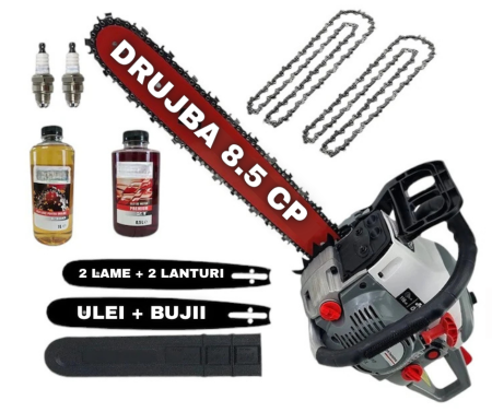Drujbe Benzina - *EXTRA SET* Drujba pe benzina Campion 8.5CP,2 lame, 2 lanturi,2 bujii, 1 L ulei lant ,0.5L Ulei amestec