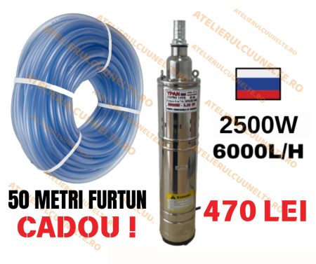 Pompe - * FURTUN CADOU * POMPA SUBMERSIBILA 6000L/ORA 2500W 160M REFULARE CABLU 20 METRI URAL Professional + Furtun 50 Metri silicon