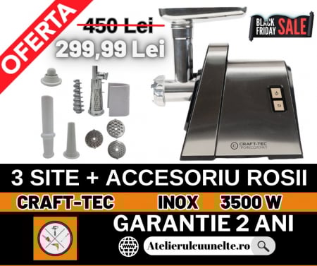 Masini de Tocat - Masina de tocat carne Craft-Tec Inox MX711 3800W 4 in 1 , Accesorii rosii, carnati, chiftele, 3 site, functia revers, motor cupru