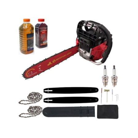 Drujbe Benzina - *Mega Pachet* 8.5cp Drujba benzina + 2 lanturi + 2 lame + ulei ungere lant 1L + ulei amestec 0.5L + 2 bujii + accesorii CAMPION