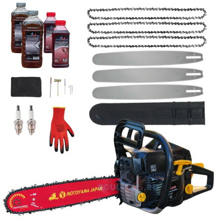 Drujbe Benzina - *MEGA Pachet* 8.5cp Drujba benzina + 3 lanturi + 3 lame + x2 ulei ungere lant 1L + x2 ulei amestec 0.5L + x2 bujii + accesorii + manusi protectie, CAMPION