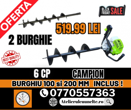 Toate Produsele - Motoburghiu 6 CP pe benzina pentru pamant cu 2 burghie de 200mm si 100mm incluse  CAMPION Verde