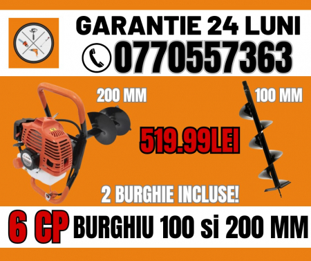 Motoburghie si Foreze Pamant - Motoburghiu 7.5 CP pe benzina pentru pamant cu 2 burghie de 250mm si 100mm incluse GT-4350 CAMPION Portocaliu