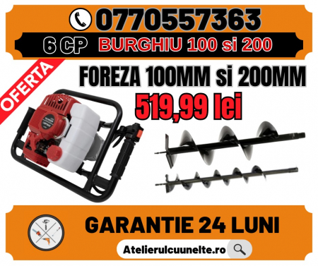 Motoburghie si Foreze Pamant - Motoburghiu 6 CP pe benzina pentru pamant cu 2 burghie de 200mm si 150mm incluse Trigo CAMPION Rosu