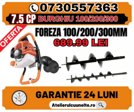 Motoburghie si Foreze Pamant - Motoburghiu 7.5 CP pe benzina pentru pamant cu 3 burghie de 250mm, 200mm si 100mm incluse  CAMPION ROSU