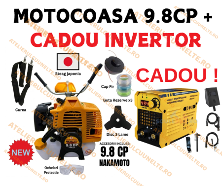Motocoase pe Benzina - * MOTOCOASA + INVERTOR CADOU * 9.8CP NAKAMOTO JAPAN Motocoasa pe benzina , JAPAN Engine Power, 12.000 RPM + Invertor 515 A Cadou