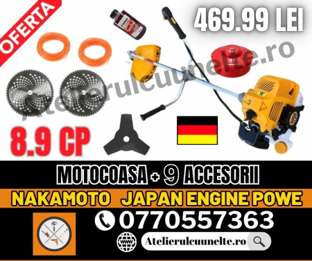 Motocoase si Masini Tuns Iarba - Motocoasa pe benzina NAKAMOTO, Japan Engine Power, 9.8 CP, 10000RPM, 62CC