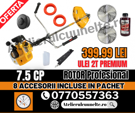 Motocoase si Masini Tuns Iarba - Motocoasa pe benzina Rotor 7.5CP 52CC 10000RPM + 8 ACCESORII INCLUSE PREMIUM